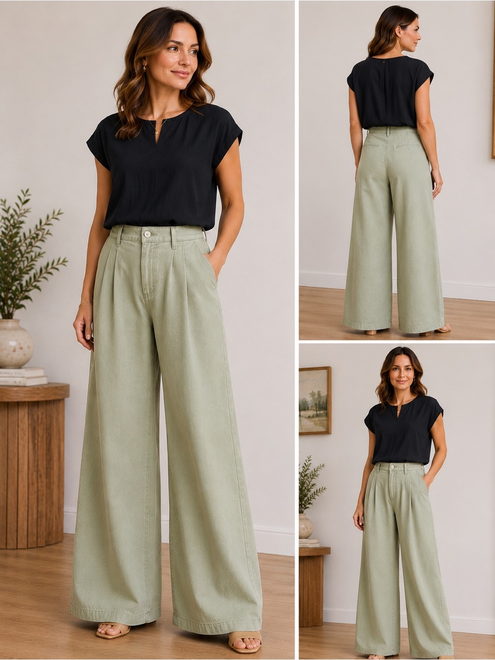 MOTHER High-Rise Wide-Leg Jeans in Sage Green